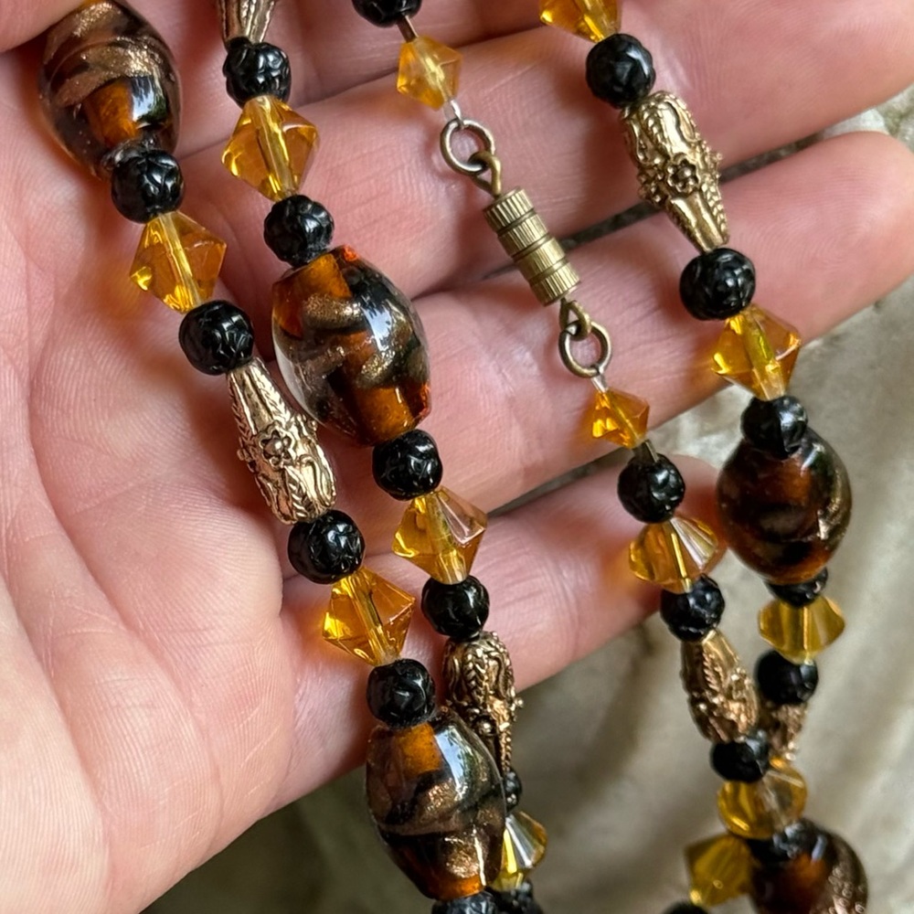 Rare Vintage Murano Glass & Gold Tone Sculptural Floral Beaded Necklace, 27.5”